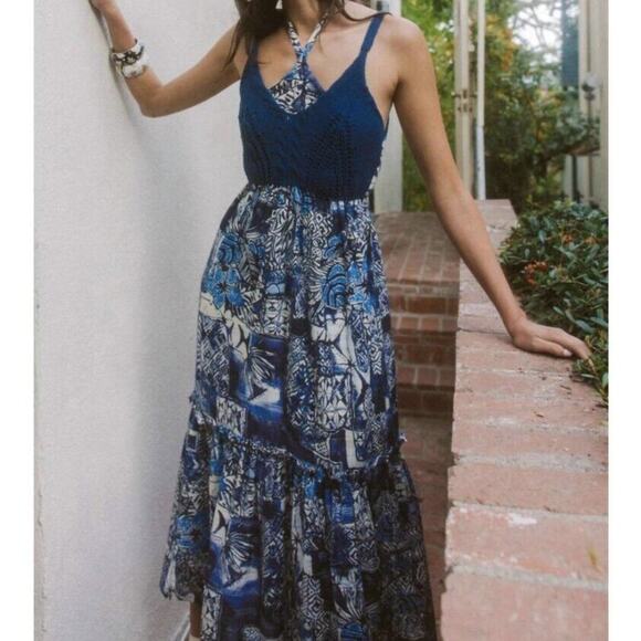 NWT Current Air Halter Neck Tiered Maxi Dress Crochet Blue, Women's Size XS - Picture 3 of 10